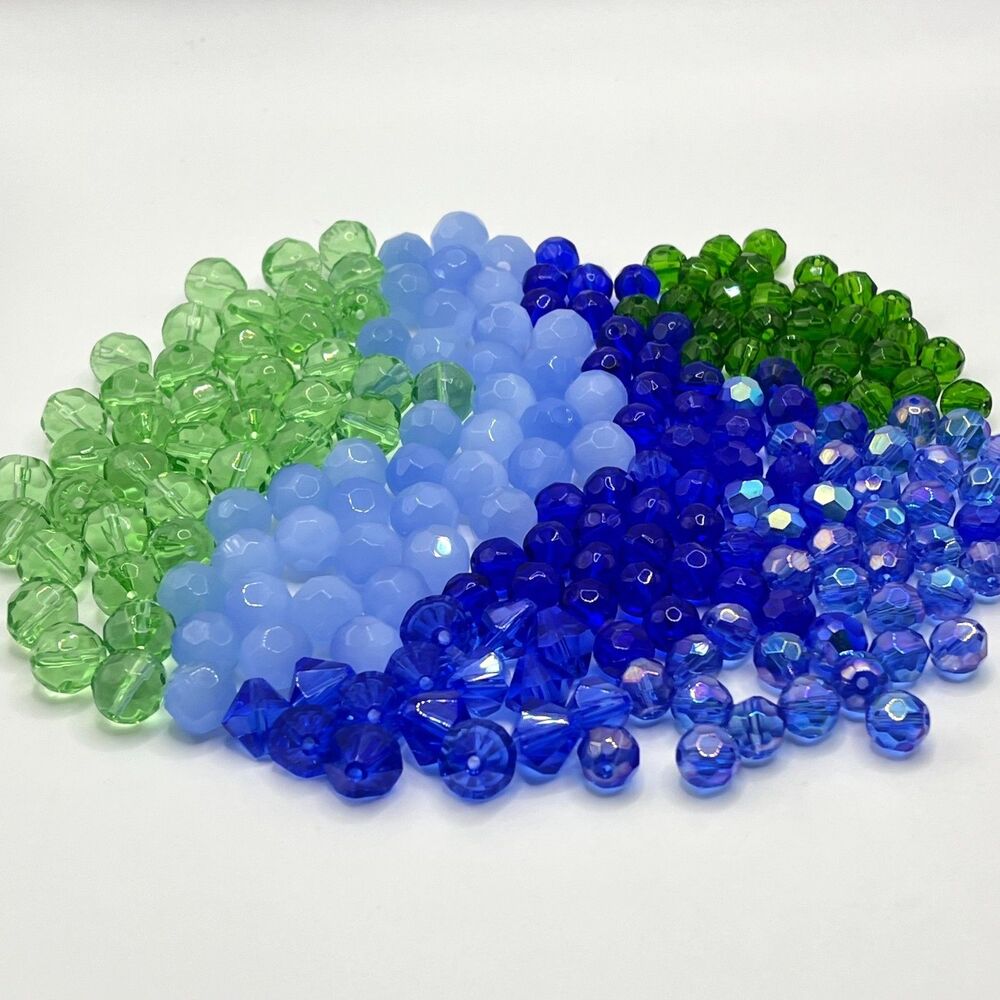 Mixed Lot Glass Beads Smooth Faceted Fire Polished Blue Green 7 - 10 mm Jewelry
